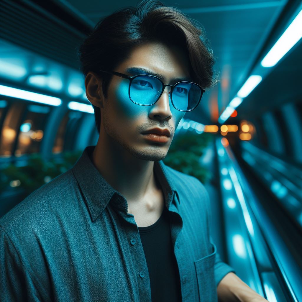Mann mit Blaulichtfilterbrille
